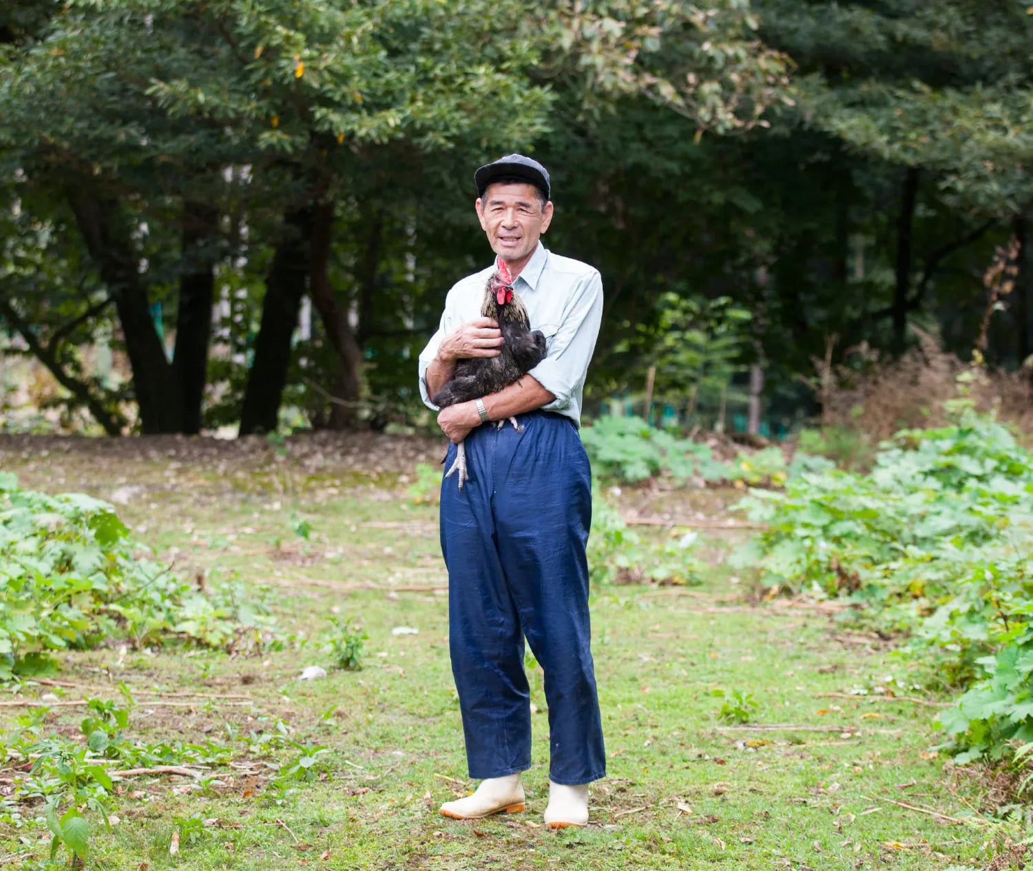 農場の人が鶏を抱いている写真